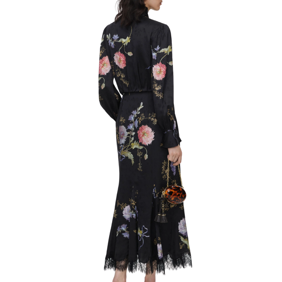 Black Satin Floral Midi Dress