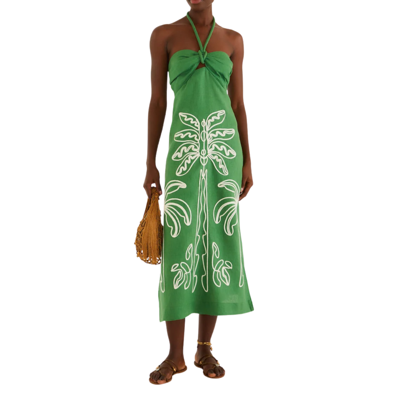 Green Palm Tree Embroidery Midi Dress