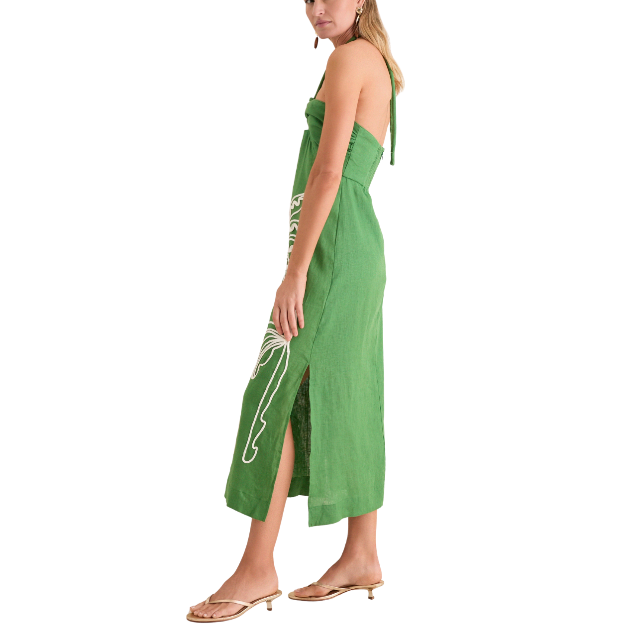 Green Palm Tree Embroidery Midi Dress