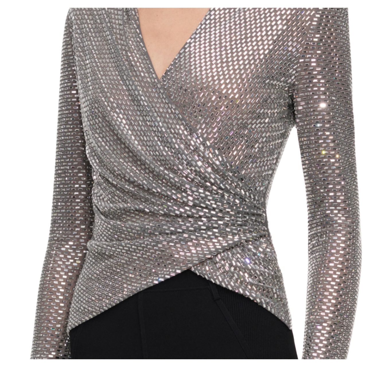 Grey Rhinestone Mesh Wrap Top