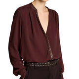 Gathered Long Sleeved Studded Trim Fig Top