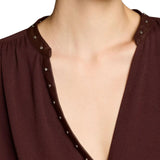 Gathered Long Sleeved Studded Trim Fig Top
