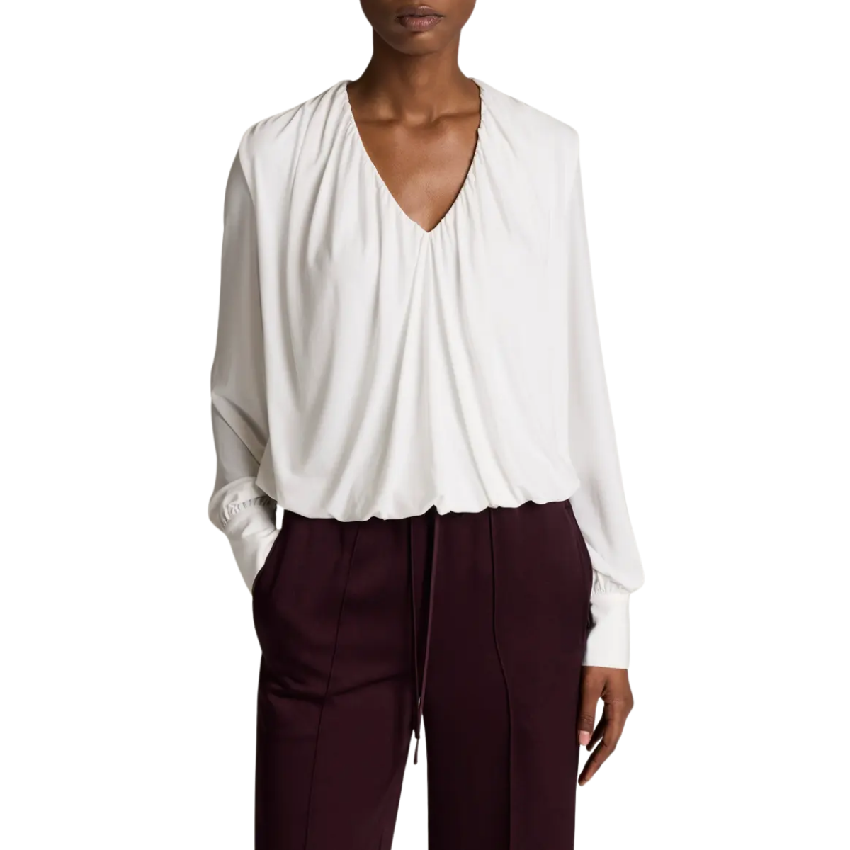 Long Sleeve V neck Bubble Top Ivory