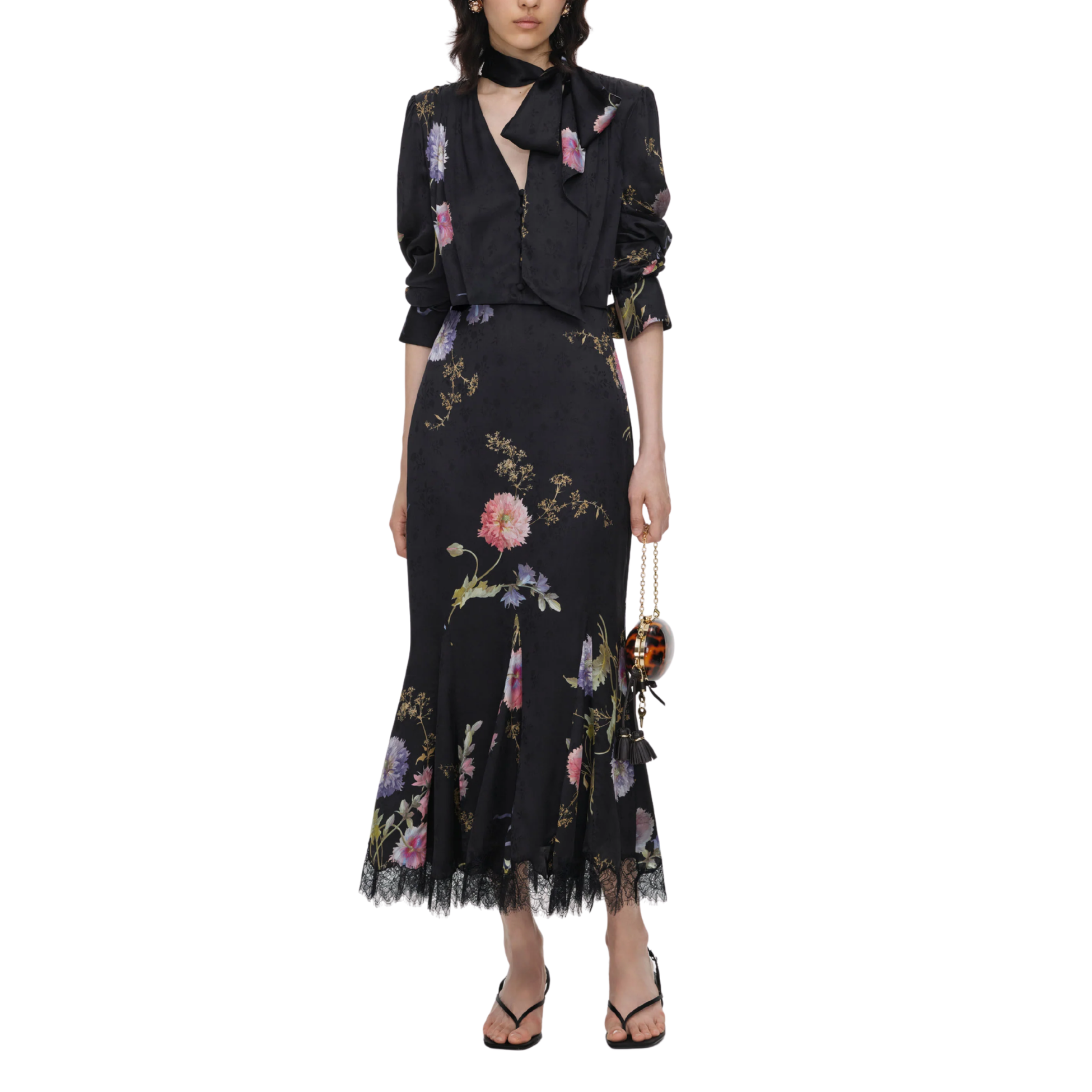 Black Satin Floral Midi Dress