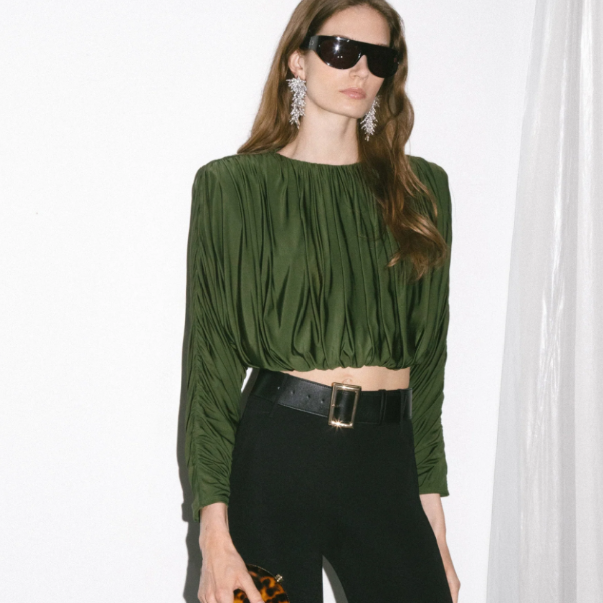 Olive Jersey Gathered Top