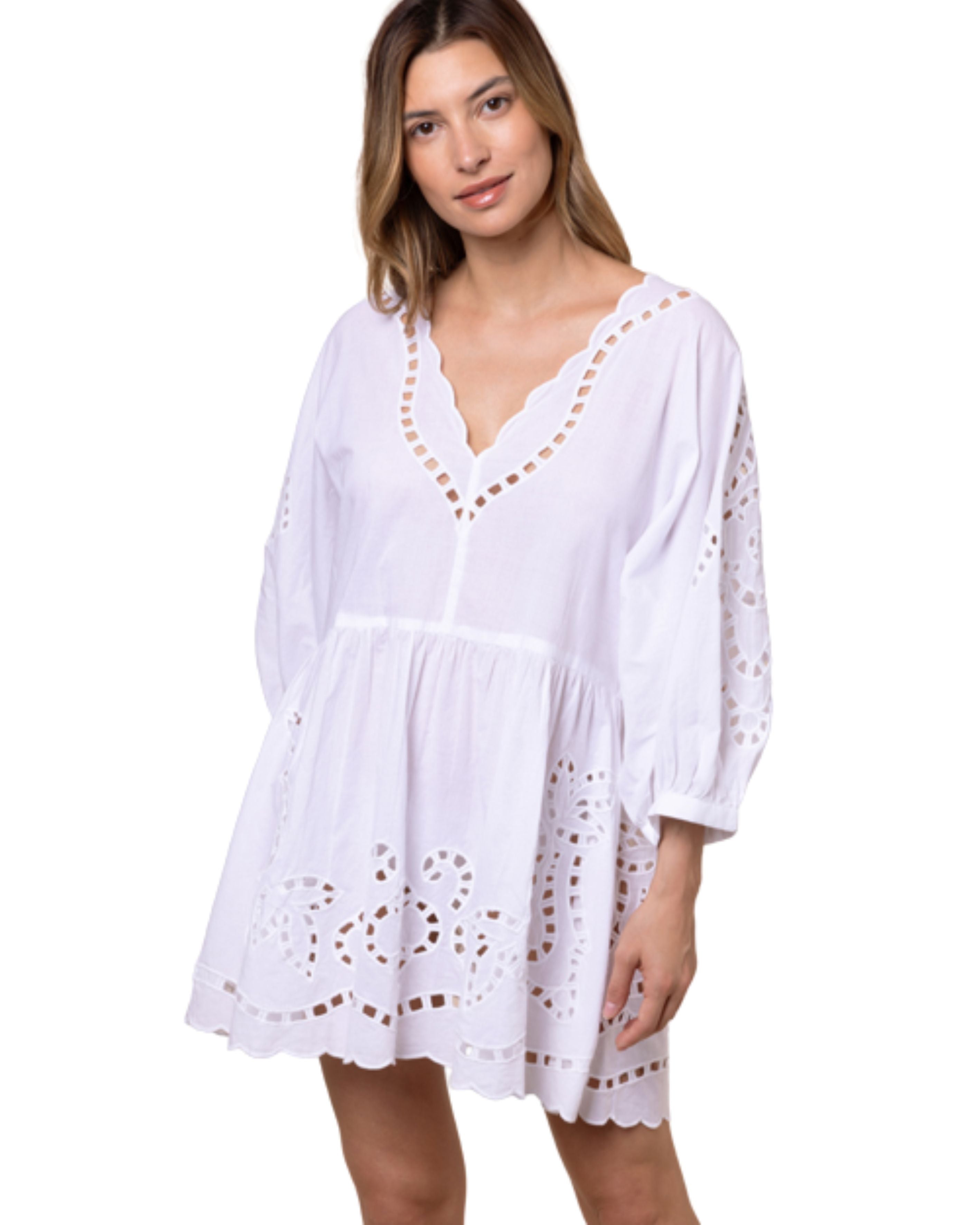 V-Neck Mini Big Cutwork Embroidery White